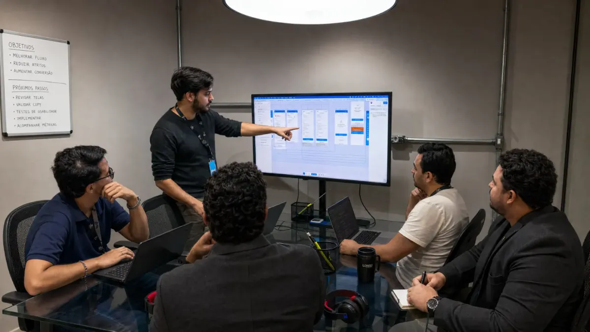 Equipe da Fteam analisando arquitetura de sistema em consultoria técnica