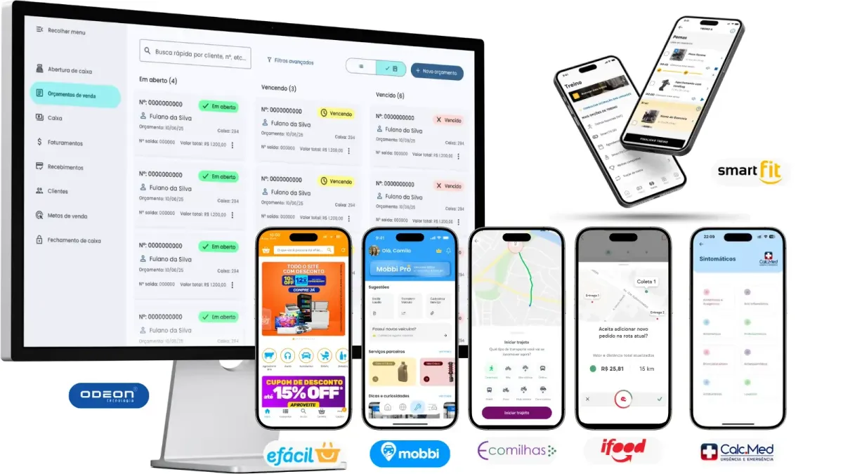 Composition of mobile and web screens from Flutter applications developed by Fteam