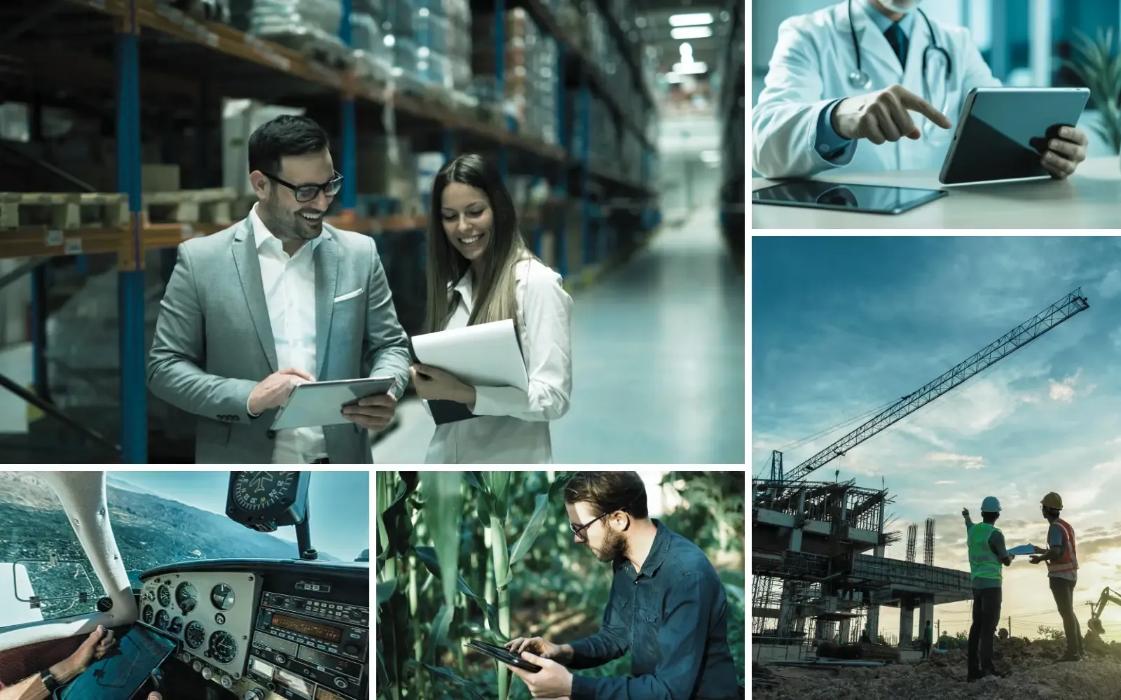 Collage of technology applied to different sectors: logistics, healthcare, construction, agriculture and aviation